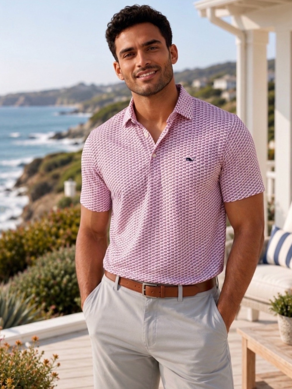 Vineyard Vines Printed Sankaty Polo XXL Pink Trout Fish Print Performance